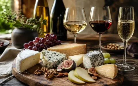 Käseplatte mit Trauben, Feigen und Nüssen, dazu ein Glas Rotwein und ein Glas Sekt. Ein Genuss für jeden Liebhaber von **fumé wein**.