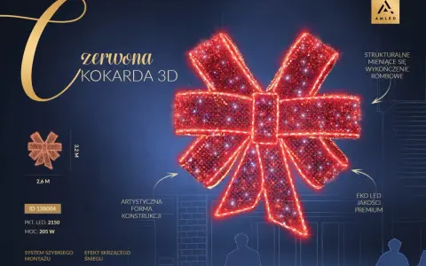 Efektowna, czerwona kokardka 3D z migoczącymi diodami LED, idealna do świątecznych dekoracji.