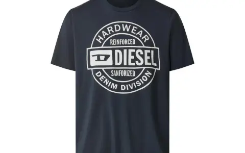 Granatowy T-shirt męski Diesel z białym okrągłym nadrukiem "HARDWEAR REINFORCED DIESEL SANFORIZED DENIM DIVISION".