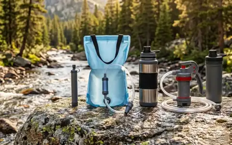 Outdoor-Ausrüstung für einen Wasserfilter-Test am Fluss: Filter, Beutel und Trinkflaschen auf einem Felsen.