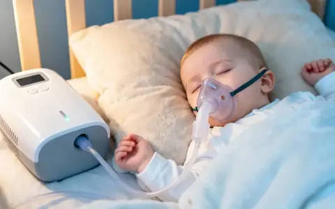 Śpiące dziecko z maską inhalacyjną podłączoną do nebulizatora. Dziecko przechodzi inhalacje z sody oczyszczonej, by ulżyć mu w oddychaniu.