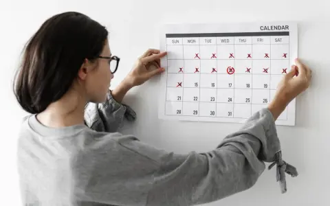 Mujer revisa calendario, marcando días. No me baja la regla y no estoy embarazada, preocupación en su rostro.