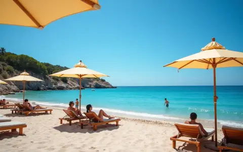 Słoneczna plaża z leżakami i parasolami. Ludzie odpoczywają, a w turkusowym morzu kąpie się mężczyzna. Czy na Majorkę potrzebny jest paszport?