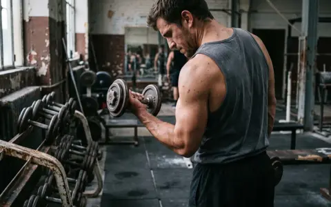 Homme concentré faisant un exercice biceps haltère dans une salle de sport rustique.