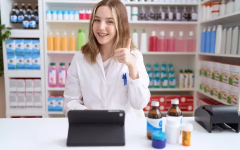 Farmaceutka z uśmiechem pokazuje kciuk w górę, potwierdzając, czy apteka może wydać lek bez recepty.