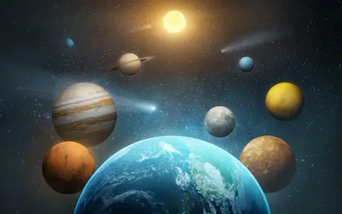 Jowisz w raku, otoczony innymi planetami i kometami, na tle gwieździstego nieba.