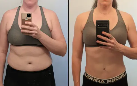 Before and after transformation: a person's body before and after using a stationary bike for fitness.