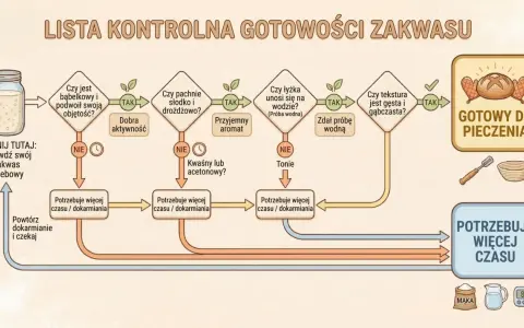 Schemat kontroli zakwasu chlebowego. Sprawdź, czy jest bąbelkowy, pachnie drożdżowo i unosi się na wodzie. Jeśli nie, potrzebuje więcej czasu na dokarmianie.