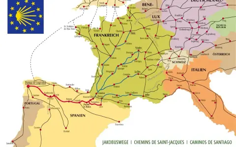 Mapa szlaków pielgrzymkowych do Santiago de Compostela. Wiele tras prowadzi przez Francję, Hiszpanię i Portugalię, zachęcając do **chodzenia po górach**.