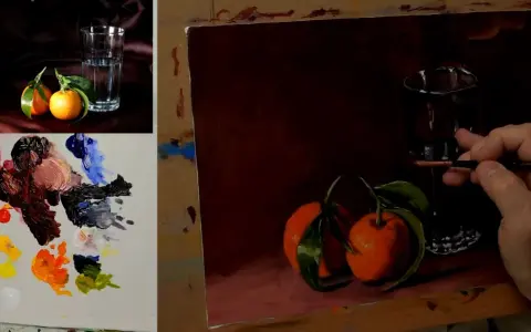 Dessin peinture acrylique : un verre d'eau et des clémentines sur une table, palette de couleurs à gauche.