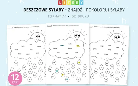 Karty pracy z literami i sylabami do kolorowania. Dzieci łączą sylaby w chmurkach i deszczowych kroplach, tworząc wyrazy.