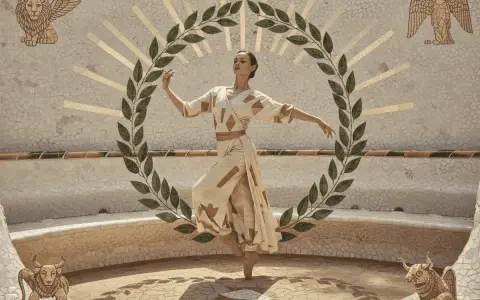 Danza de templanza y juicio, como en el tarot. Una bailarina en un círculo de laurel, rodeada de símbolos celestiales y animales.