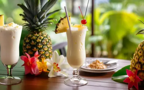 Dwa orzeźwiające drinki, które idealnie oddają, co to jest pina colada: kremowe, z ananasem i wisienką, otoczone świeżymi owocami i kwiatami.