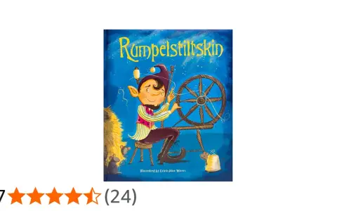 Okładka książki "Rumpelstiltskin" z wesołym skrzatem przędącym na kołowrotku.