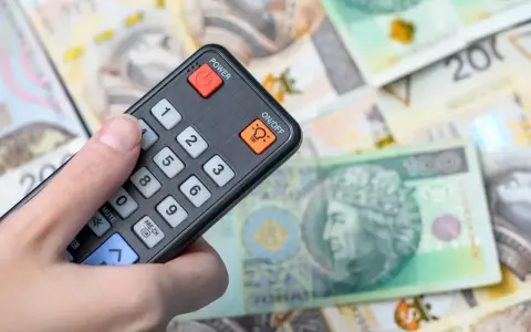 Dłoń trzyma pilota, który steruje kanałem technologicznym, na tle polskich banknotów.