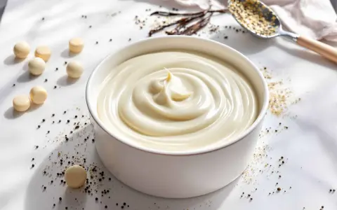 Un bol de ganache vanille onctueuse, parsemé de grains de poivre et de quelques billes de chocolat blanc. Des gousses de vanille et une cuillère de graines complètent la scène.