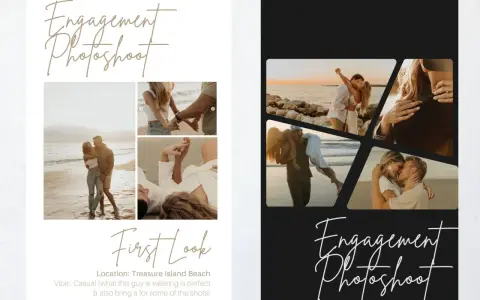 Moodboard z romantycznymi zdjęciami pary na plaży. Ujęcia obejmują pocałunki, trzymanie się za ręce i czułe momenty.
