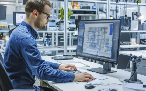 Un disegnatore CAD lavora al computer, creando schemi complessi.