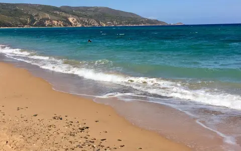 Türkisblaues Meer und ein sandiger Strand bei Oran Stadt. Wellen brechen sanft, im Wasser sind einige Schwimmer zu sehen.