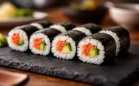 Roladki sushi z łososiem i awokado, zawinięte w nori. Zastanawiasz się, którą stroną nori do sushi? Zawsze błyszczącą na zewnątrz!