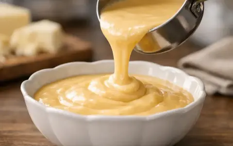 Une louche verse une sauce onctueuse et dorée dans un bol blanc. C'est la sauce au langres, prête à être dégustée.