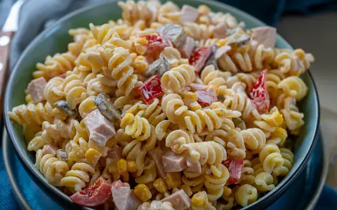 Schüssel mit cremigem, schneller Nudelsalat, gefüllt mit Spiralnudeln, Schinkenwürfeln, Mais und Paprika. Perfekt für ein schnelles Mittagessen.