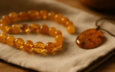 Collar y colgante de ámbar sobre tela. Aprende como limpiar el ámbar para mantener su brillo natural.