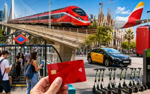 Vielfalt des Reisens in Spanien: Zug, Flugzeug, Taxi, E-Scooter und Metro. Mit einer Kreditkarte alles einfach bezahlen.