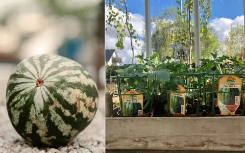 En randig vattenmelon ligger på grus. Bredvid, plantor av "Pony Red F1" melon, redo att odla i kruka.