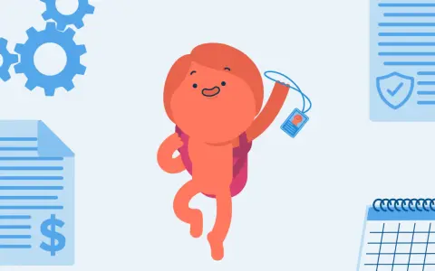 Fröhliche Figur mit Ausweis und Rucksack, bereit für ein freiwilliges Praktikum. Zahnräder, Dokumente und Kalender symbolisieren den Start.