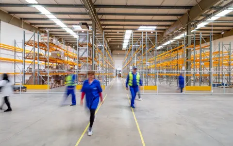 Persone in movimento in un magazzino moderno, con scaffalature piene di merci. Un'immagine che evoca il dinamismo del lavorare come magazziniere.