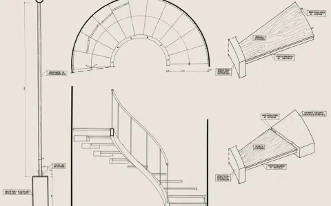 Disegno tecnico di una scala a chiocciola con dettagli su materiali e struttura, utile per la normativa scale interne uso privato.