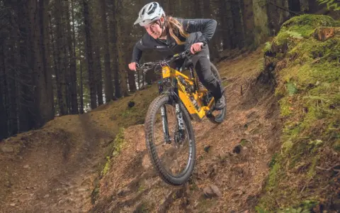 A mountain biker navigates a steep, wooded trail, showcasing the thrill of downhill mtb trails.