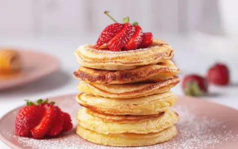 Pancakes dorati, perfetti per una ricetta pancake veloce senza lievito, guarniti con fragole fresche e zucchero a velo.