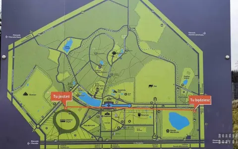 Mapa Parku Śląskiego z zaznaczonymi atrakcjami: Zoo, Planetarium, Stadion Śląski, Rosarium, Wesołe Miasteczko. Tu jesteś i Tu będziesz wskazują drogę.