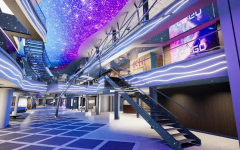 Interni moderni di una nave MSC in Europa, con soffitto a LED stellato e luci al neon.