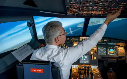 Doświadczony pilot w kokpicie, dotykający panelu sterowania. To inspiracja, jak zostać pilotem samolotu i osiągnąć marzenia o lataniu.