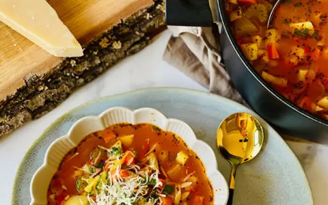 Aksamitna zupa minestrone z kawałkami warzyw i startym parmezanem, podana w ozdobnej misce. Obok garnek z zupą i kawałek sera na desce.