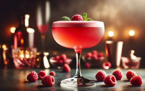 Elegancki Clover Club cocktail, ozdobiony maliną i miętą, otoczony świeżymi malinami.