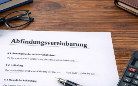 Abfindungsvereinbarung-Muster kostenlos: Dokument mit Klauseln zur Beendigung des Arbeitsverhältnisses und Abfindungshöhe, daneben Brille, Buch und Taschenrechner.