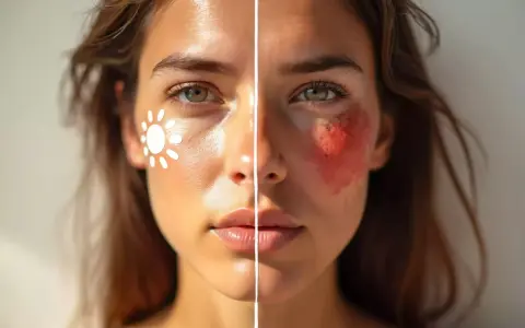Visage divisé : d'un côté, une peau saine avec un soleil dessiné, de l'autre, une rougeur intense, signe d'une irritation peau causée par frottement.