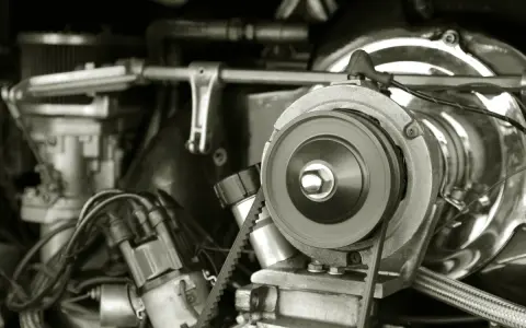 Nahaufnahme eines Motors, bei dem der Keilriemen gerissen ist. Man sieht die Riemenscheibe und Teile des Motors.