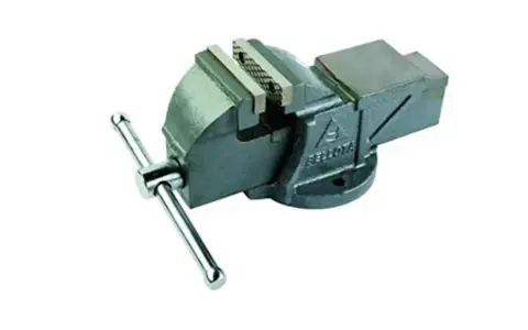 Tornillo de banco metálico con manivela, ideal para sujetar piezas firmemente. Sirve para que el tornillo de banco te ayude en trabajos de bricolaje y reparaciones.