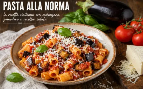 Pyszne danie pasta alla norma z bakłażanem, pomidorami i ricottą salata, posypane startym serem.