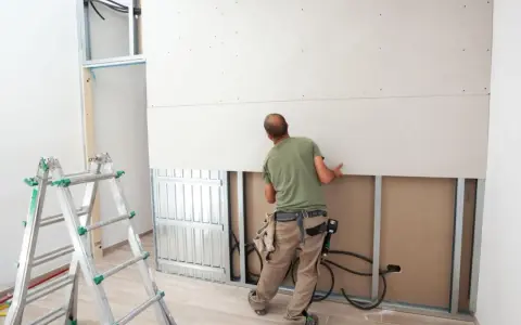 Budowlaniec montuje płyty regipsowe na stelażu. Obok stoi drabina.