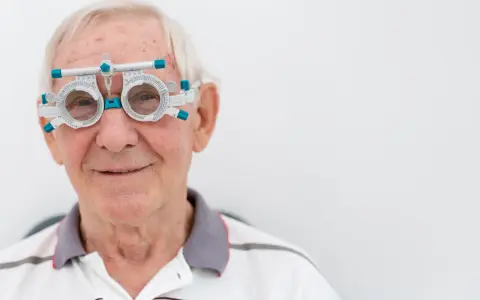 Anziano con occhiali da prova per esame della vista, controlla la vista per prevenire l'invecchiamento precoce della retina.