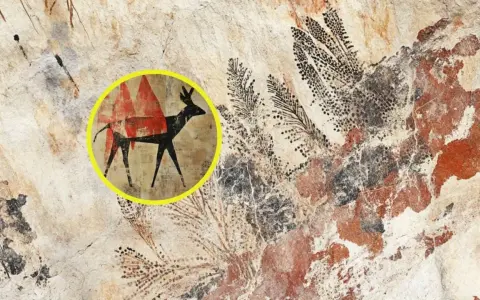 Detalles de diversos tipos de pinturas rupestres, incluyendo un ciervo estilizado en rojo y negro dentro de un círculo amarillo.