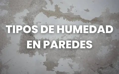 Texto blanco sobre pared con manchas de humedad: "TIPOS DE HUMEDAD EN PAREDES". Aprende cómo quitar humedad de la pared.