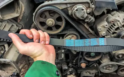 A hand holds a new Dayco drive belt, ready for replacement on a car engine.