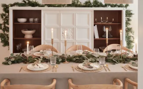 Elegancko nakryty stół na Boże Narodzenie z girlandą z gałązek, świecami i złotymi sztućcami. Inspiracja, jak udekorować stół na Boże Narodzenie.